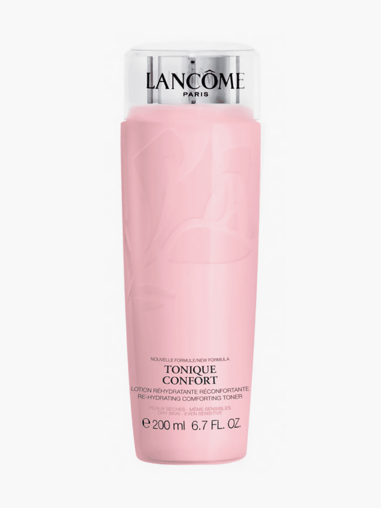 Tonique Confort Hydrating Toner in branded pink bottle with silver cap on light gray background
