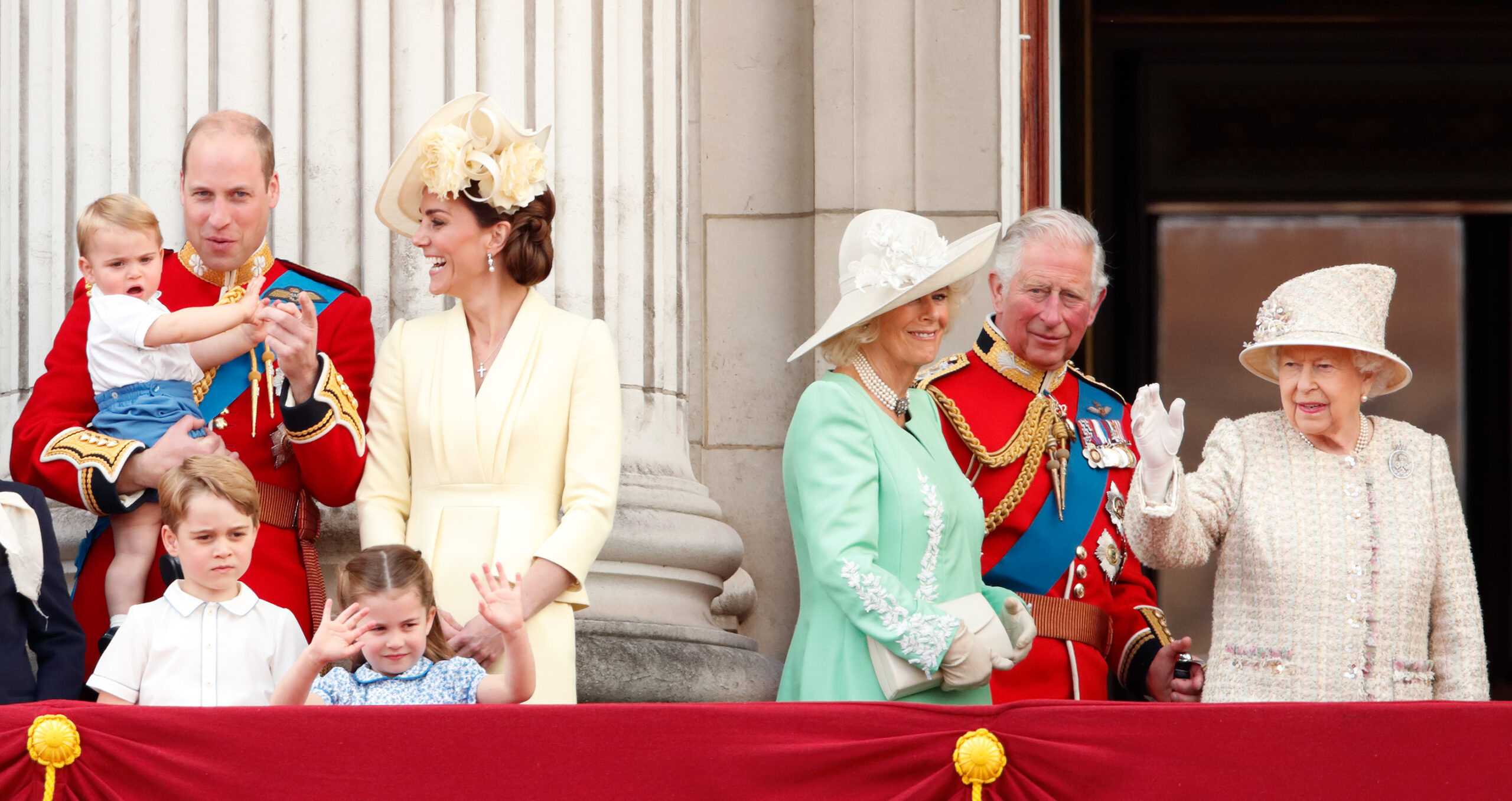 Princess Kate, Prince William, Prince Louis, Prince George, Princess Charlotte, Queen Camilla, King Charles, Queen Elizabeth waving on the balcony at Trooping the Colour