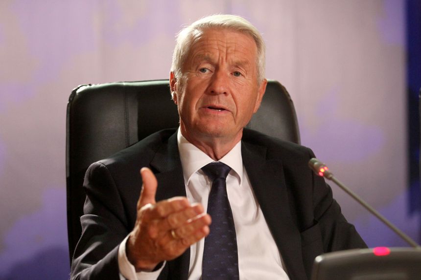 Former Norwegian Prime Minister Thorbjørn Jagland speaks during a news conference in Cyprus in 2017.